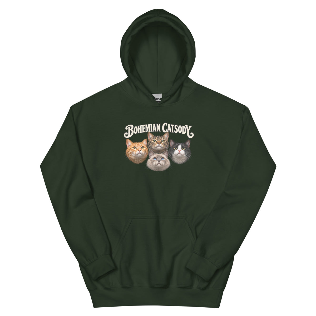 A dark green pullover hoodie featuring 4 cats.