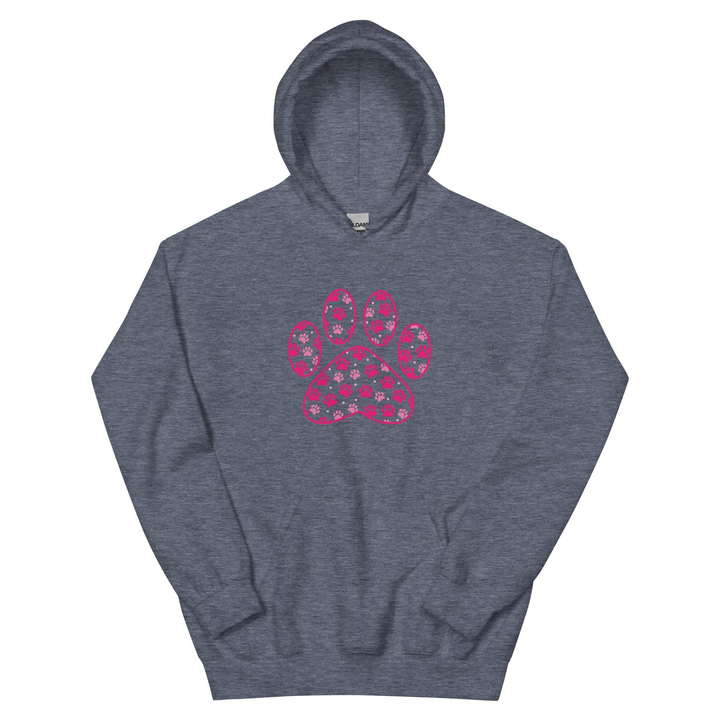 Paw Print in pink filled with mini pink paw prints on a dark gray hoodie