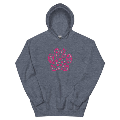 Paw Print in pink filled with mini pink paw prints on a dark gray hoodie