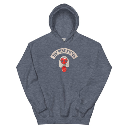 Heathered Gray hoodie with a dog nose and tongue sticking out design that reads "the best kisses"  - on a white background