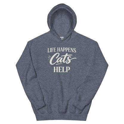Green hoodie with 'Life Happens Cats Help' text on a white background