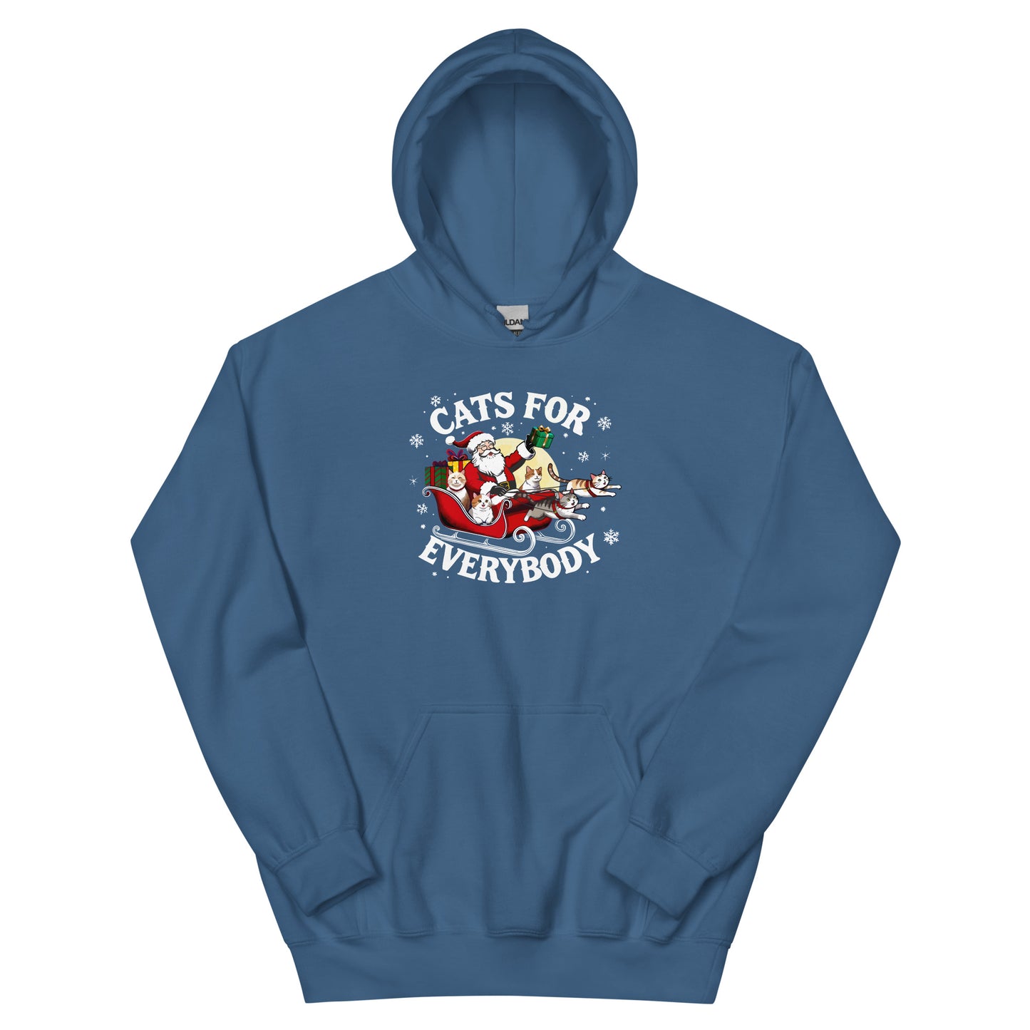 indigo blue Hoodie that says Cats for Everybody with an image of Santa in a Sleigh throwing out presents and cats