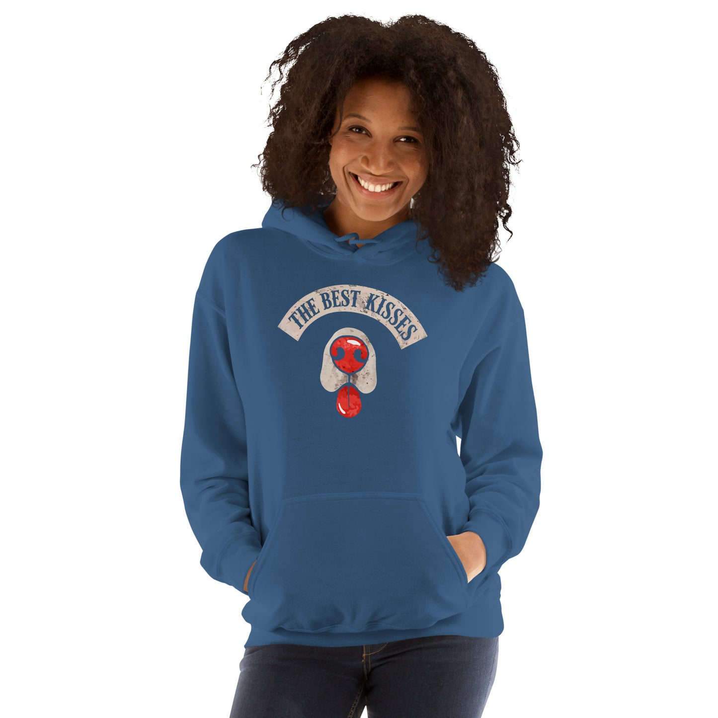 Blue hoodie with a dog nose and tongue sticking out design that reads "the best kisses"  - on a female model