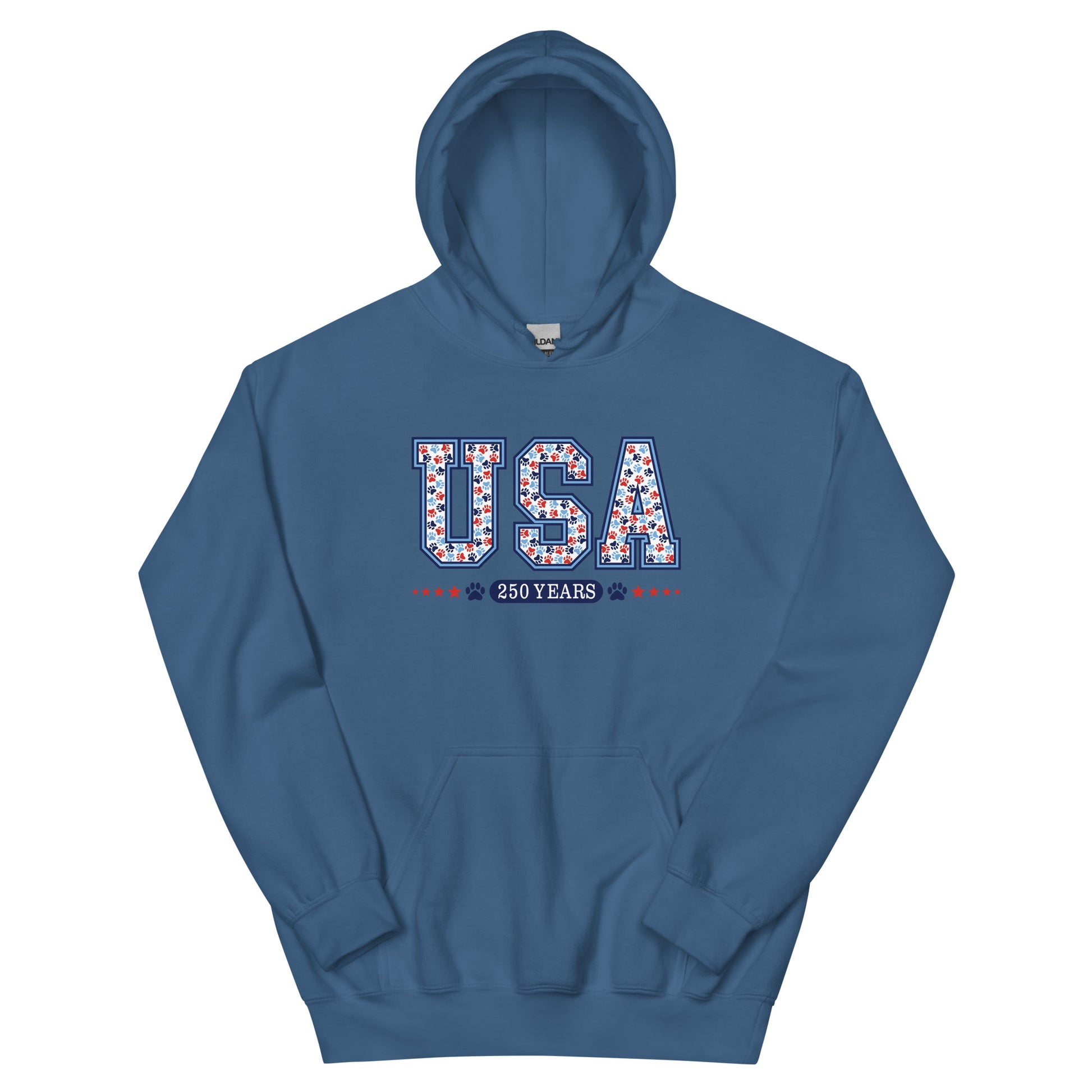 Blue hoodie with 'USA 250 Years' text on a white background
