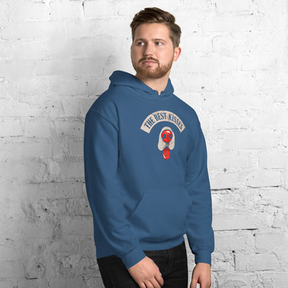 Blue hoodie with a dog nose and tongue sticking out design that reads "the best kisses"  - on a male model