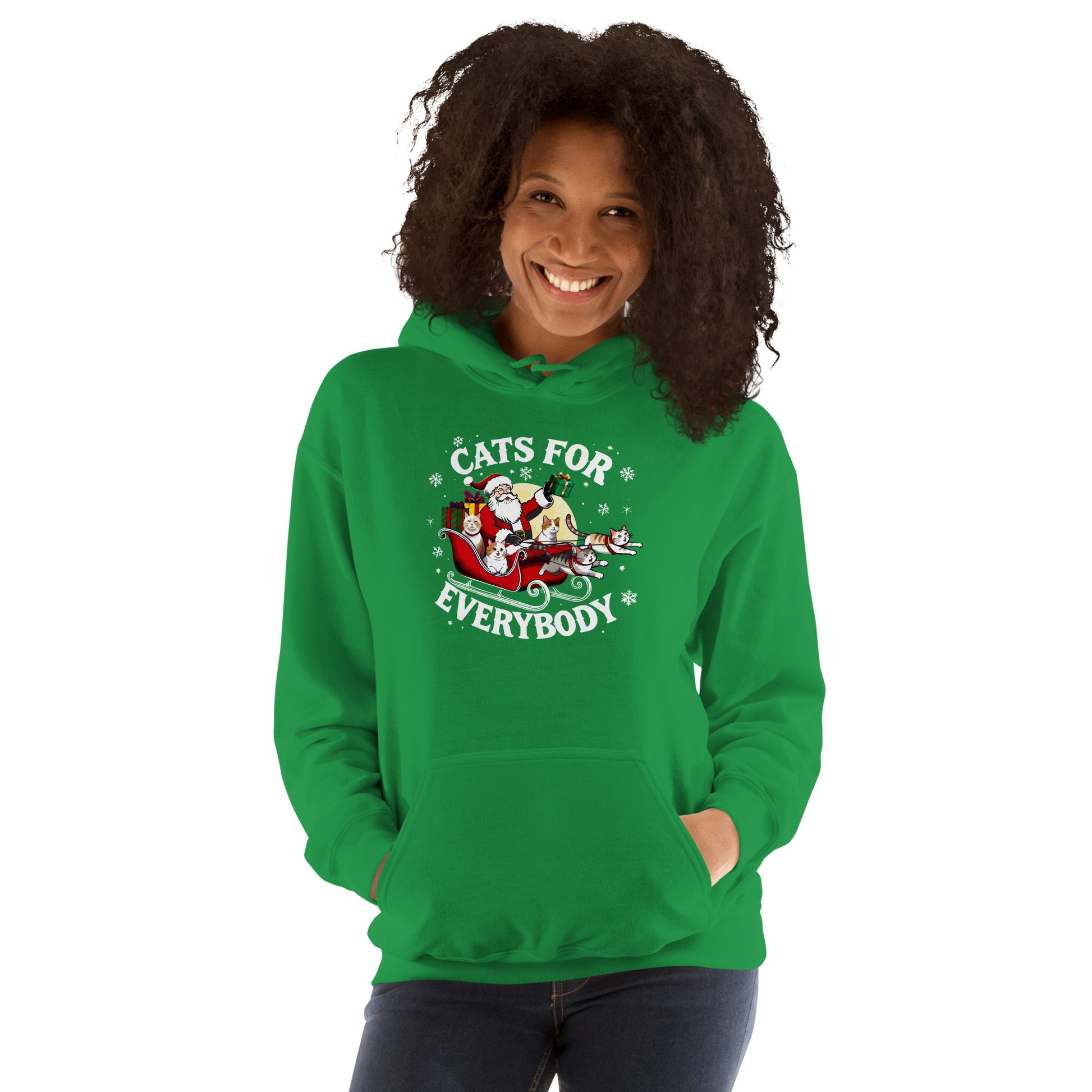 Women wearing a bright green Hoodie that says Cats for Everybody with an image of Santa in a Sleigh throwing out presents and cats