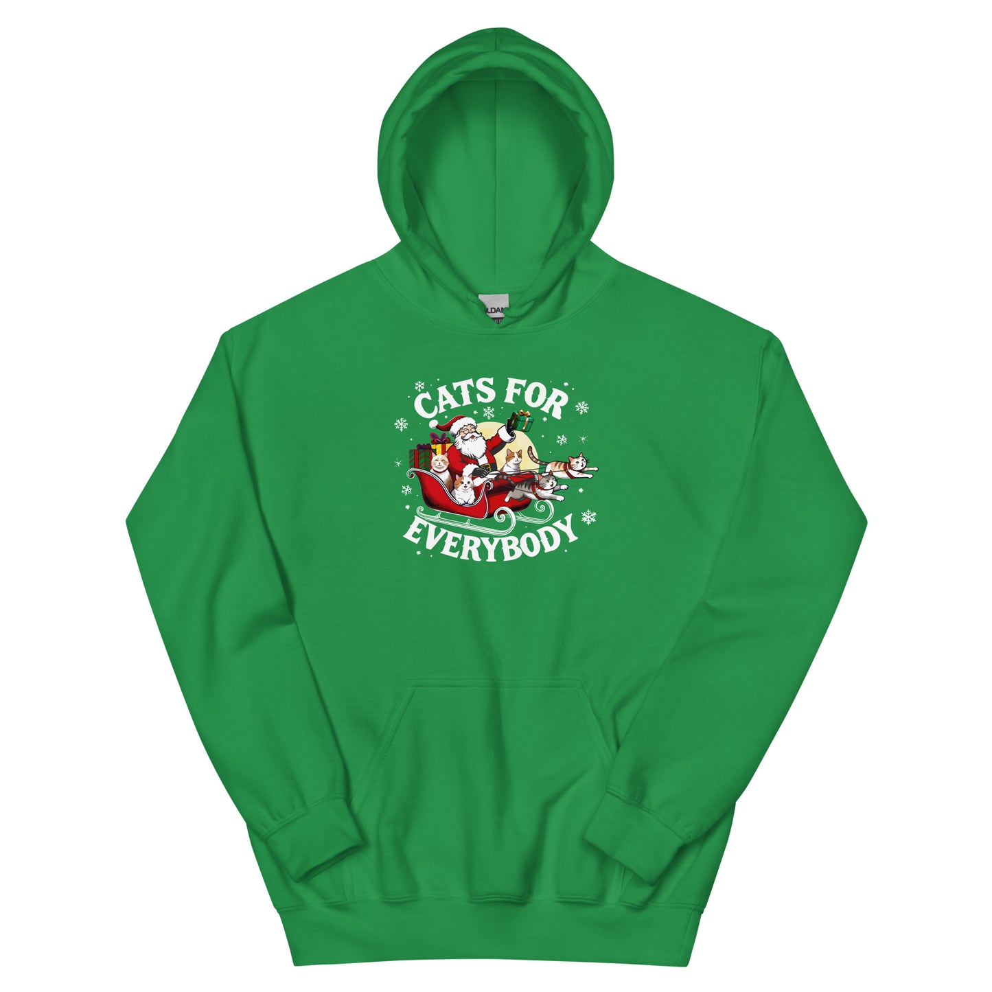 Bright Green Hoodie that says Cats for Everybody with an image of Santa in a Sleigh throwing out presents and cats