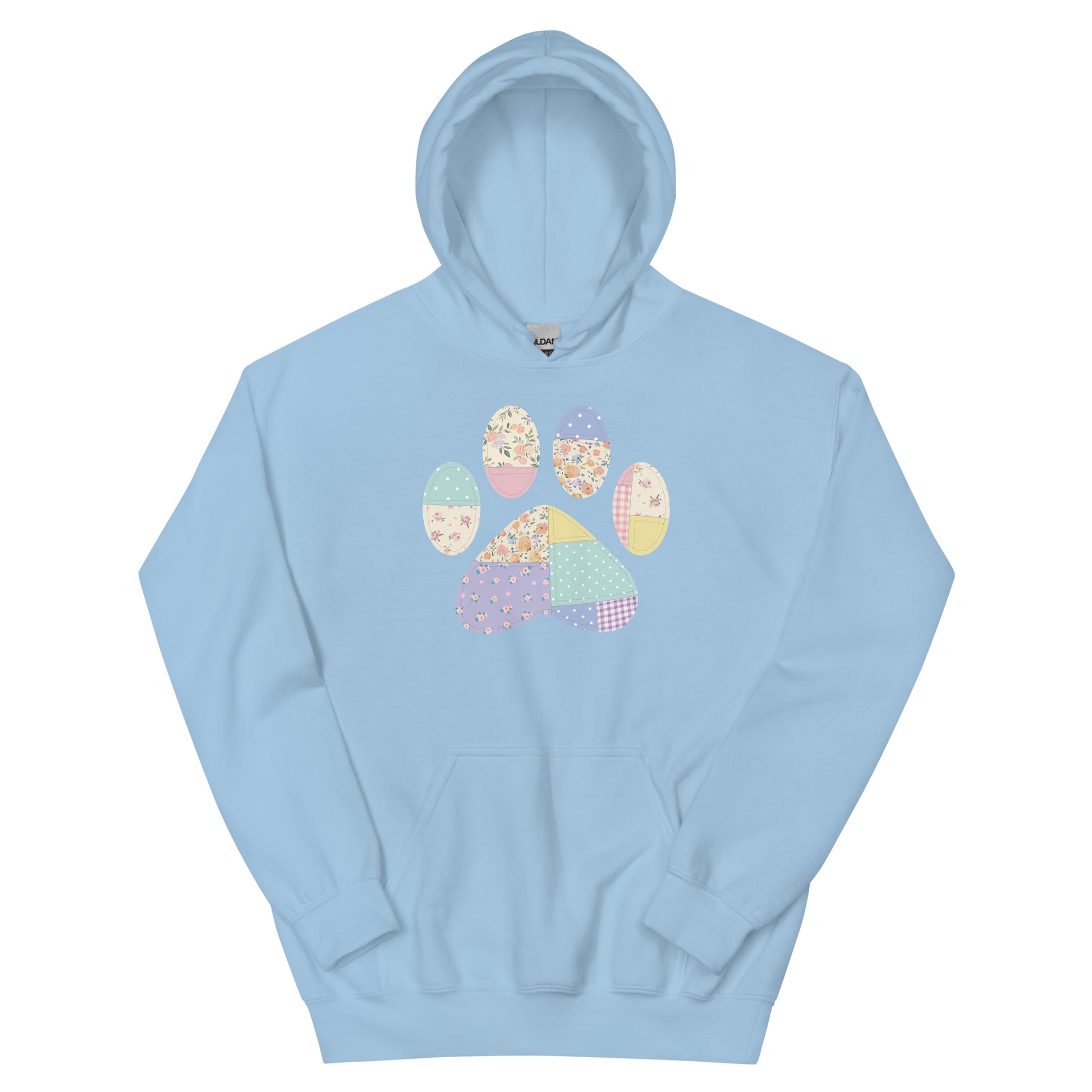 Light blue hoodie with a colorful paw print design on a white background