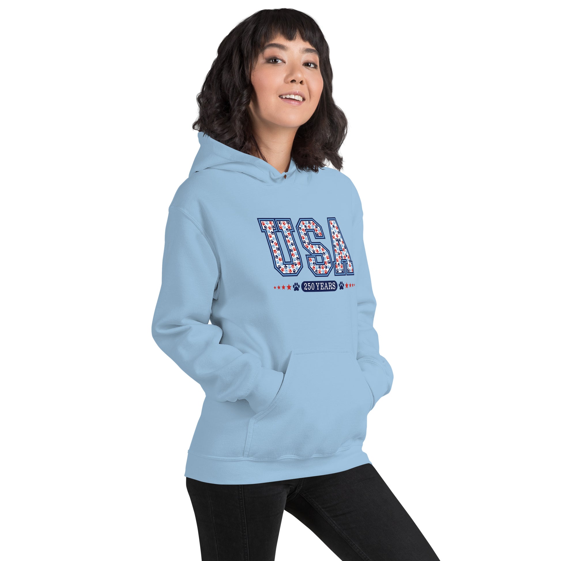 Person wearing a light blue hoodie with a USA design on a white background