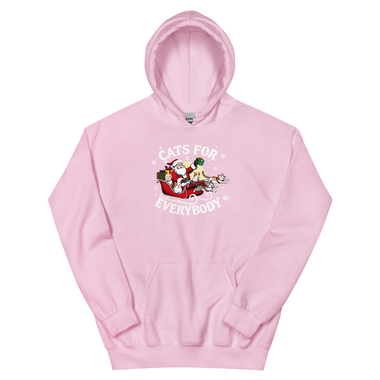 Light pink Hoodie that says Cats for Everybody with an image of Santa in a Sleigh throwing out presents and cats