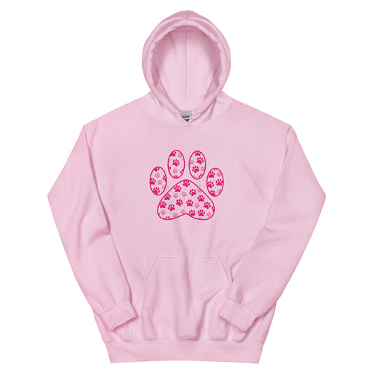 Paw Print in pink filled with mini pink paw prints on a pink hoodie