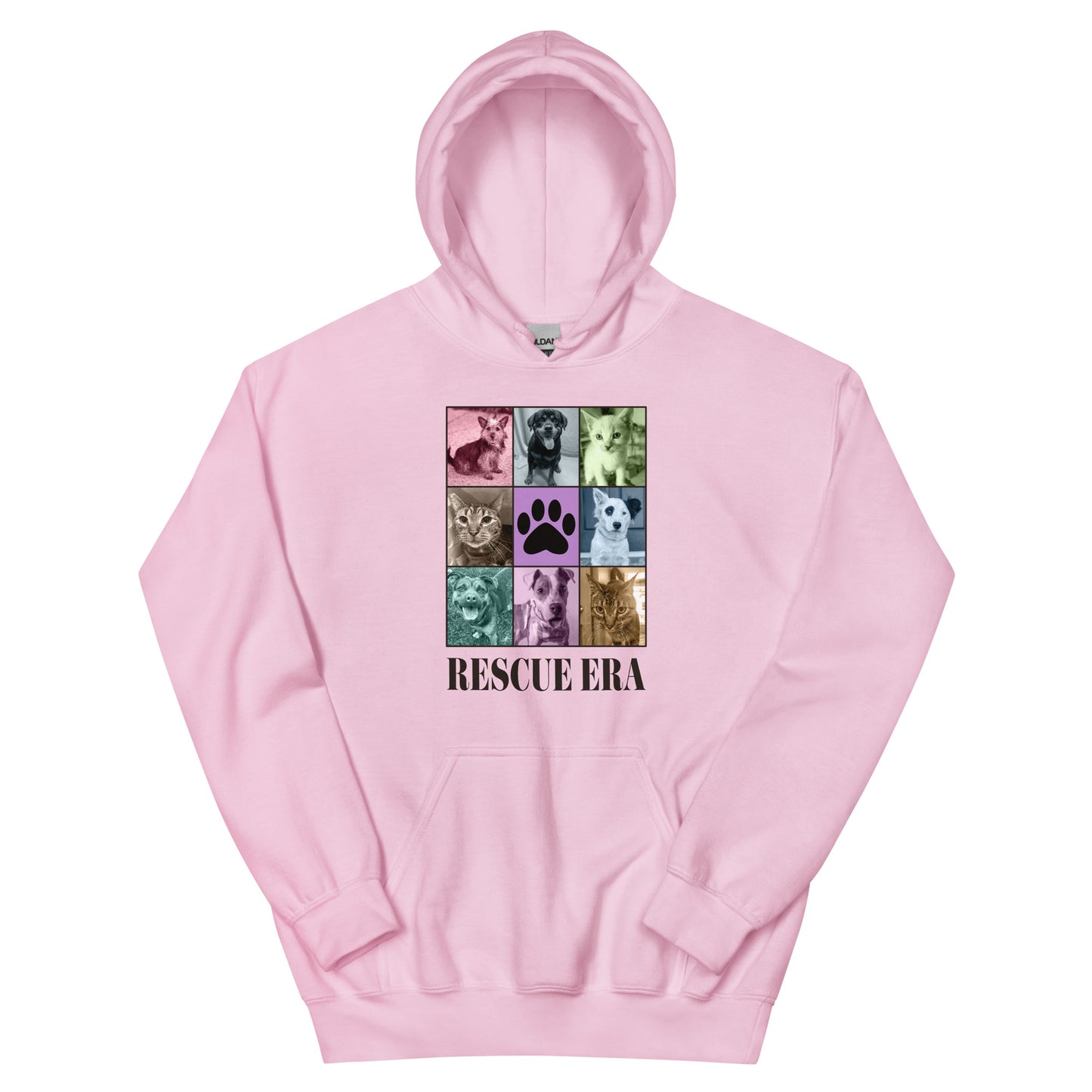 Light pink hoodie with 'Rescue Era' design featuring images of cats and dogs on a white background.