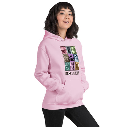 Female model wearing a pink hoodie with 'Rescue Era' design featuring images of cats and dogs on a white background.
