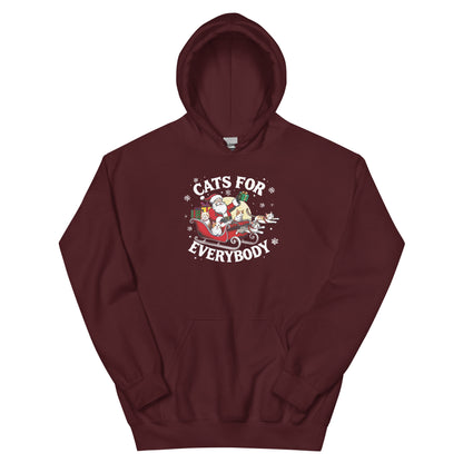 Maroon Hoodie that says Cats for Everybody with an image of Santa in a Sleigh throwing out presents and cats
