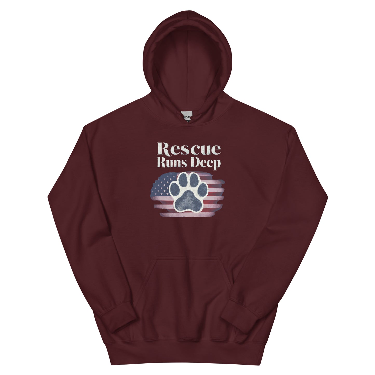 Maroon hoodie that features a paw print design with American Flag that says " Rescue Runs Deep"