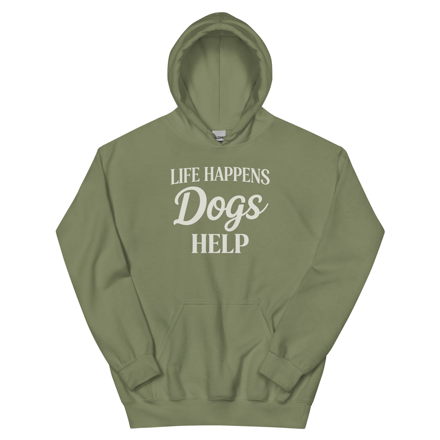 Green hoodie with a white logo and text on a white background