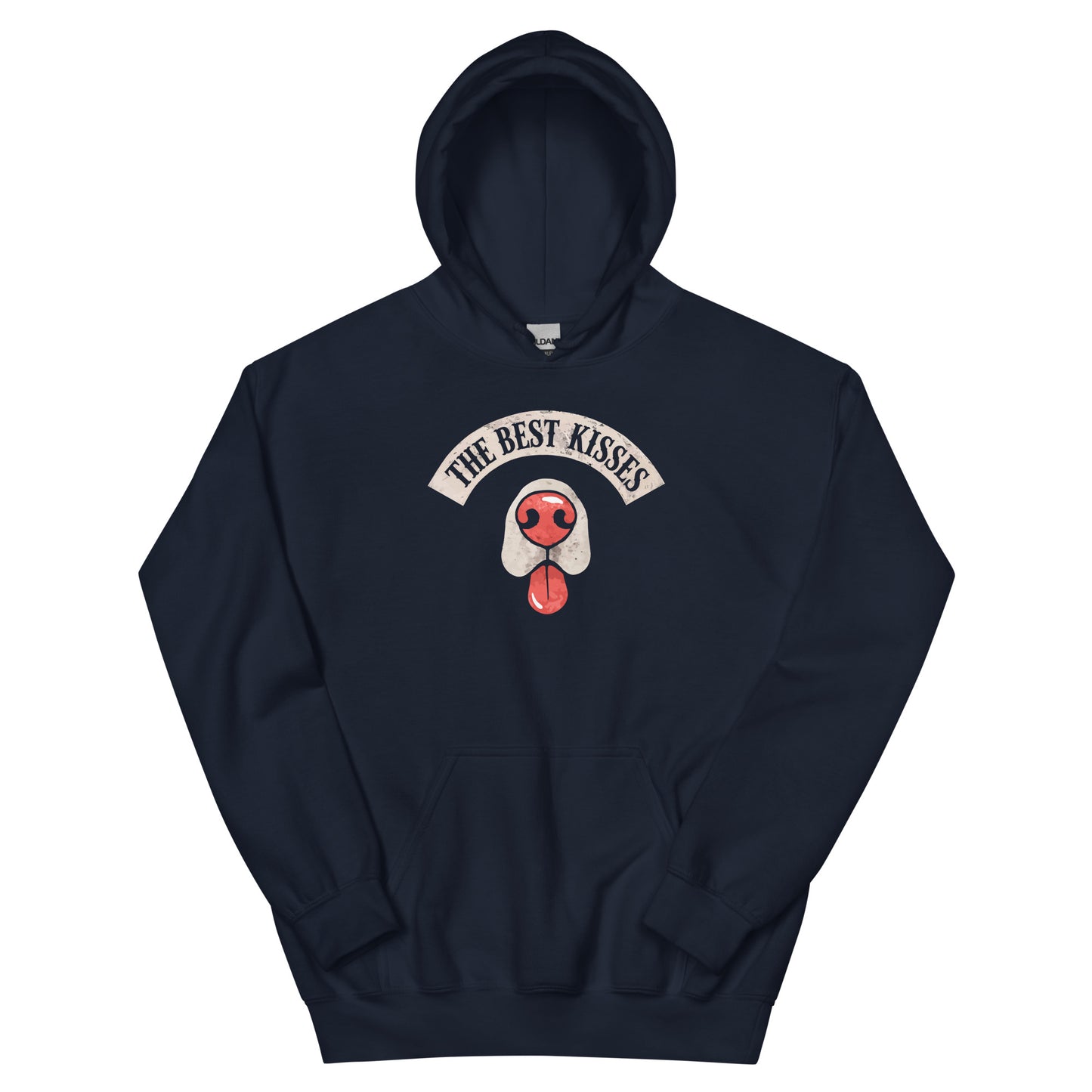 Navy hoodie with a dog nose and tongue sticking out design that reads "the best kisses"  - on a white background