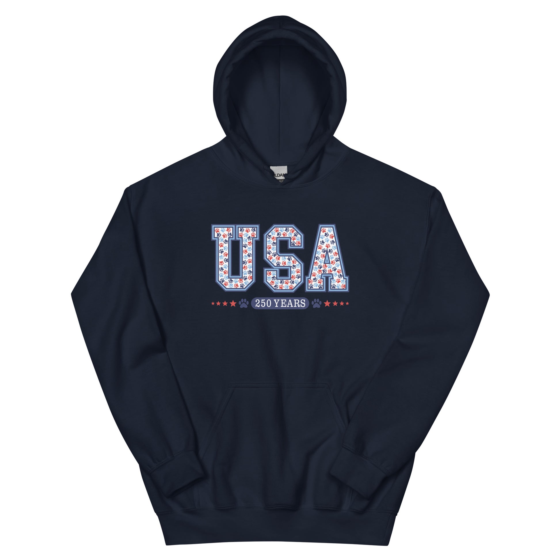 Black hoodie with 'USA 250 Years' text on a white background