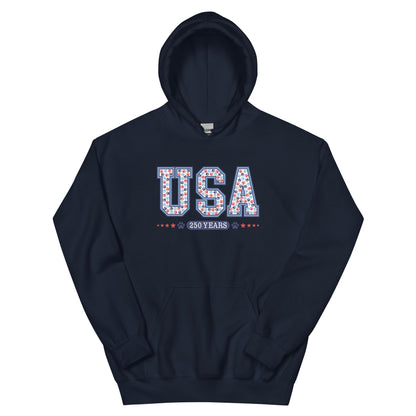 Black hoodie with 'USA 250 Years' text on a white background