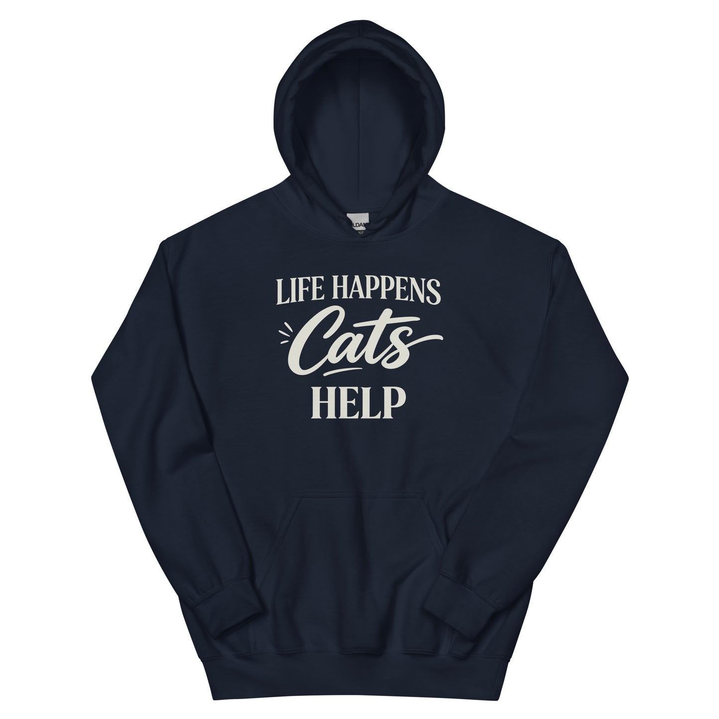 Navy hoodie with a white logo and text on a white background