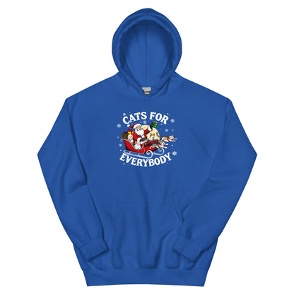 Royal Blue Hoodie that says Cats for Everybody with an image of Santa in a Sleigh throwing out presents and cats