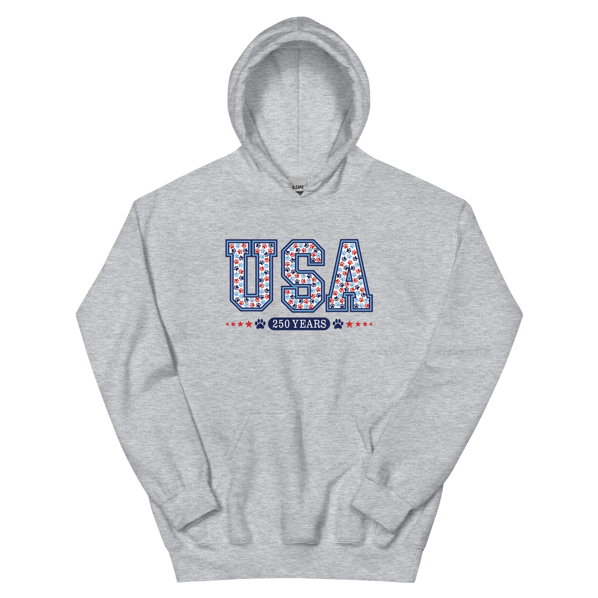 Gray hoodie with 'USA 250 Years' text on a white background
