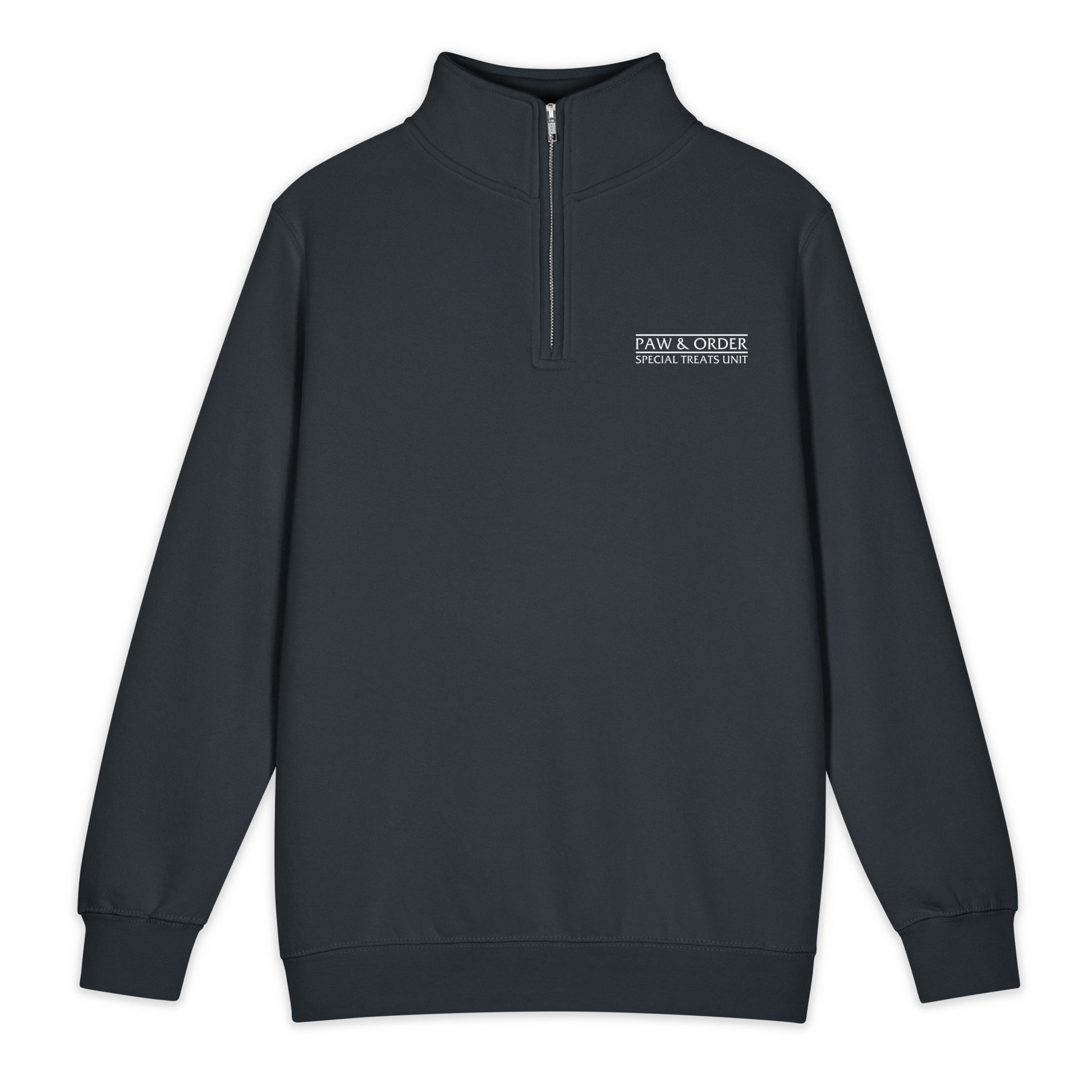 Dark Navy  quarter-zip sweatshirt with a logo on a white background