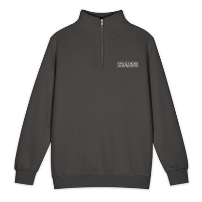 Dark gray quarter-zip sweatshirt with a logo on a white background