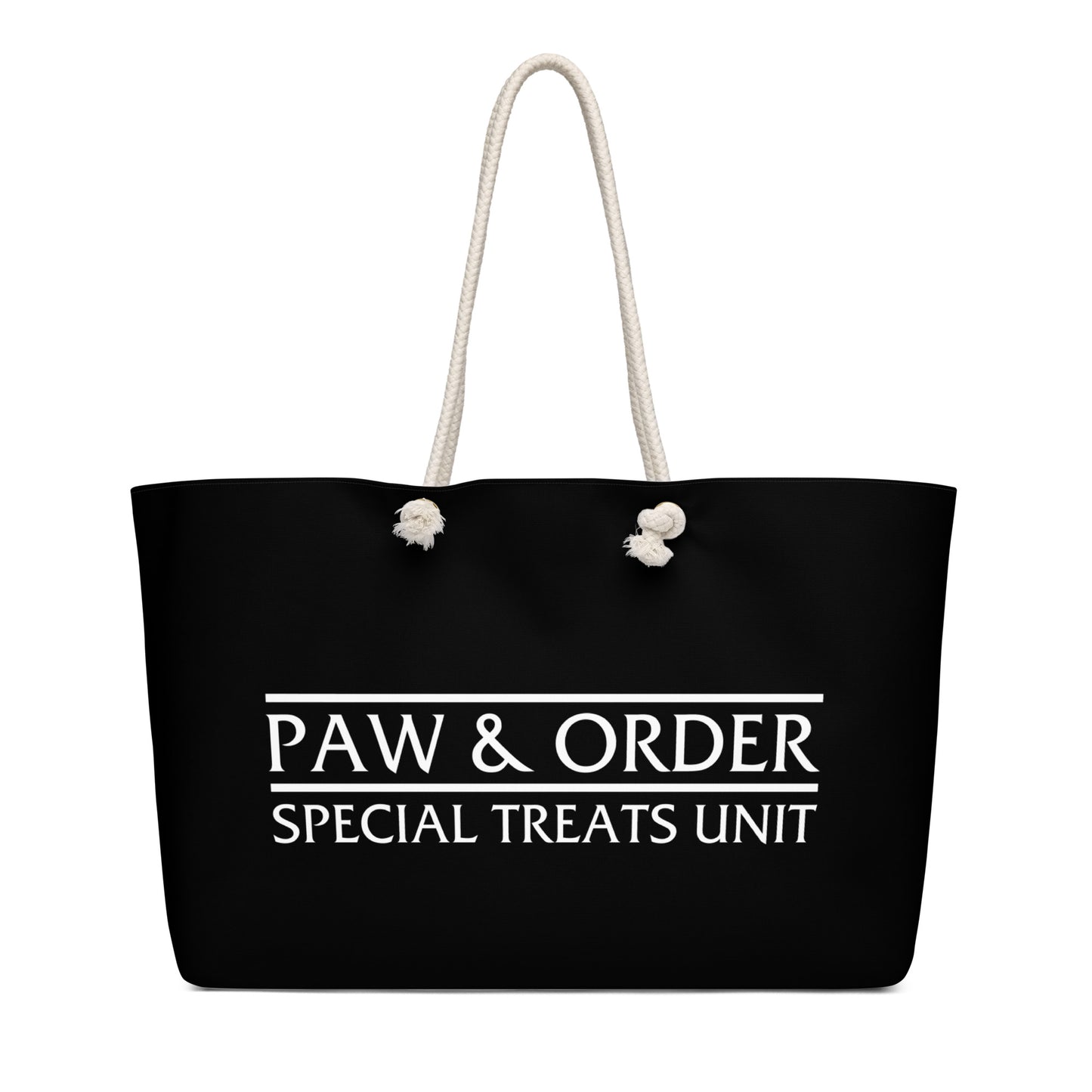 Black tote bag with tan rope handles. Design is black with white lettering that reads: Paw & Order- Special Treats Unit