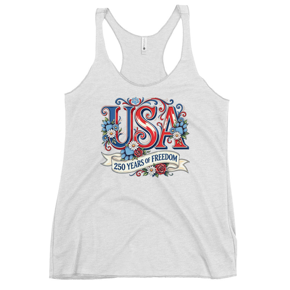 White tank top with 'USA 250 Years of Freedom' design on a white background