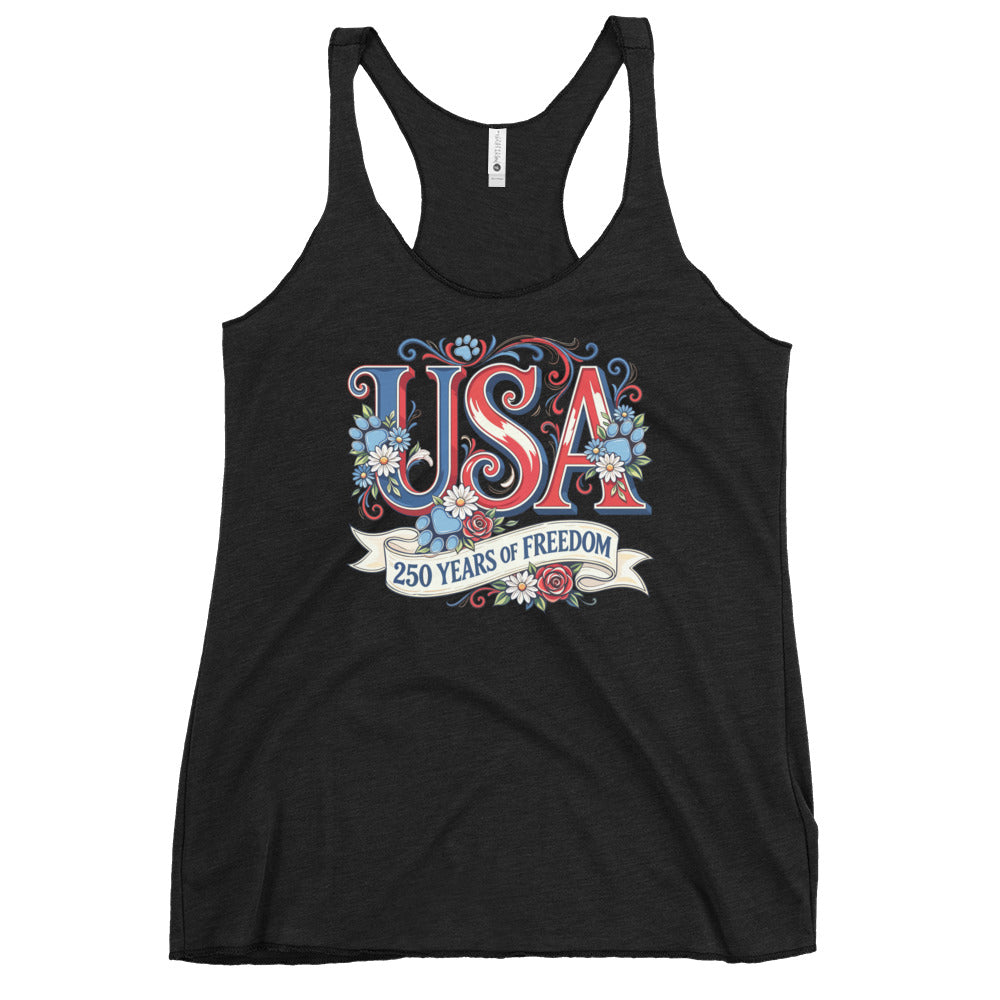 Black tank top with 'USA 250 Years of Freedom' design on a white background