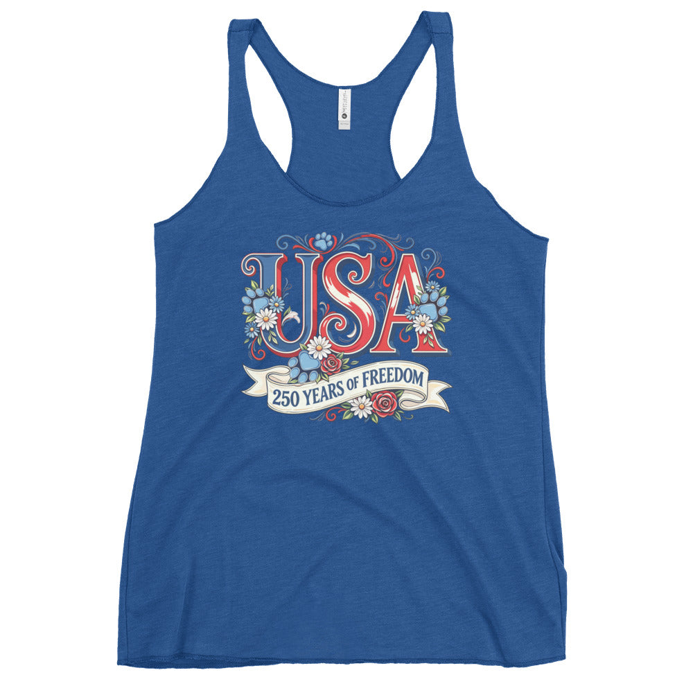 Blue tank top with 'USA 250 Years of Freedom' design on a white background