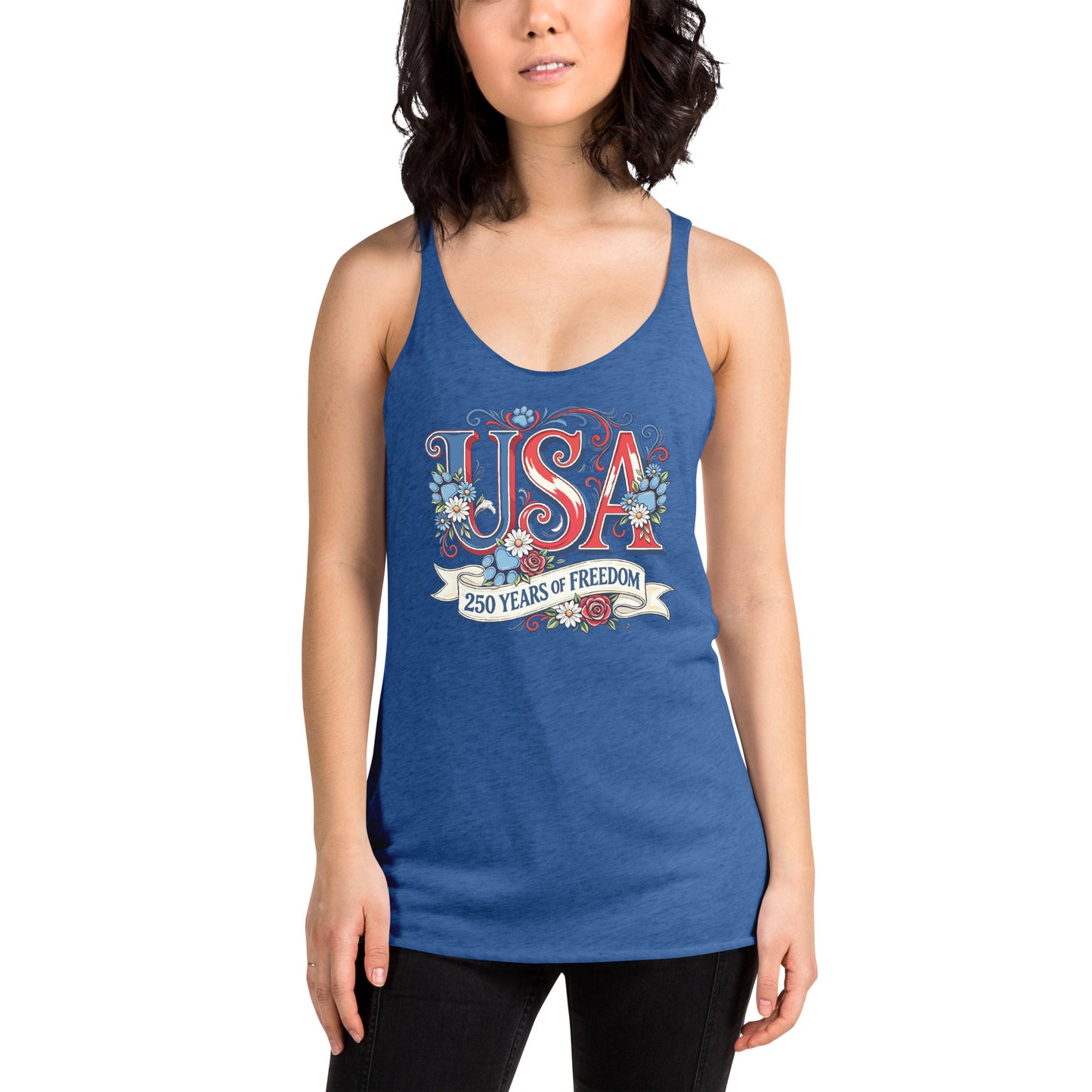 Woman wearing a blue tank top with 'USA 250 Years of Freedom' design on a white background