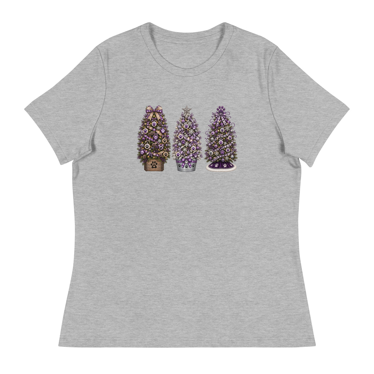 A heather gray short-sleeve crewneck t-shirt featuring a graphic print of three decorated Christmas trees in purple, gold, and brown tones, displayed on a clean white background.