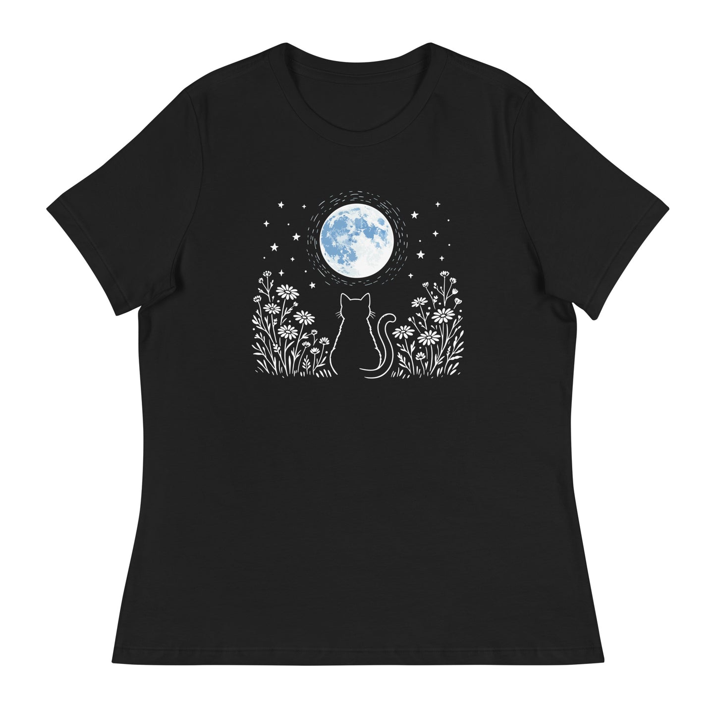 Black t-shirt with a cat and moon design on a white background