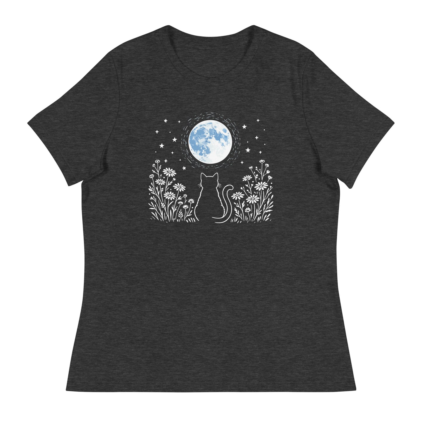 Dark gray t-shirt with a cat and moon design on a white background