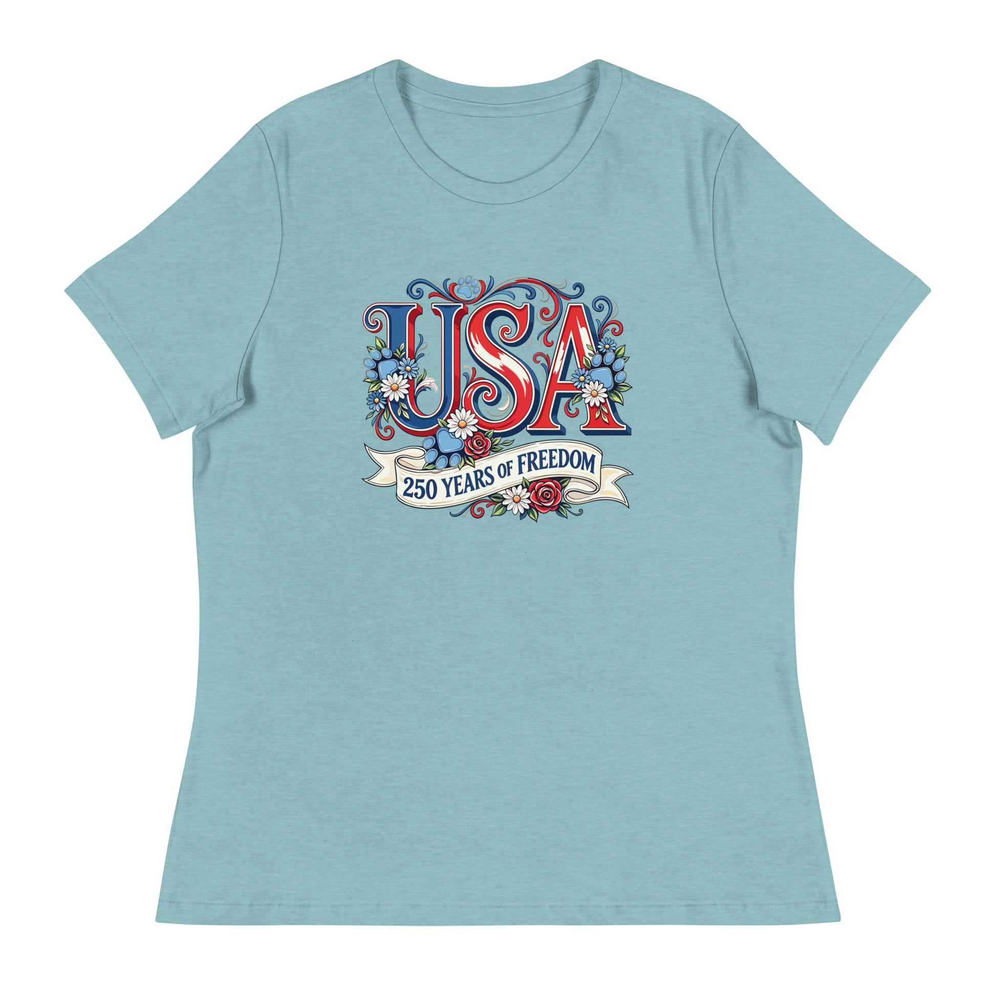 Light blue t-shirt with 'USA 250 Years of Freedom' design on a white background