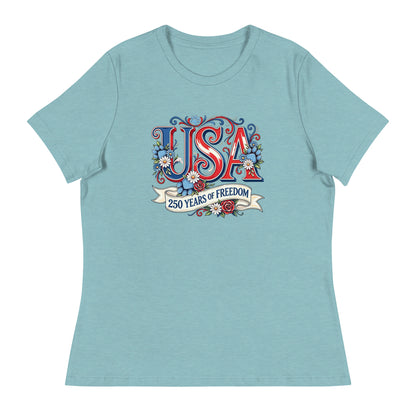 Light blue t-shirt with 'USA 250 Years of Freedom' design on a white background