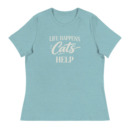 Light blue t-shirt with 'Life happens. Cats help.' text on a white background