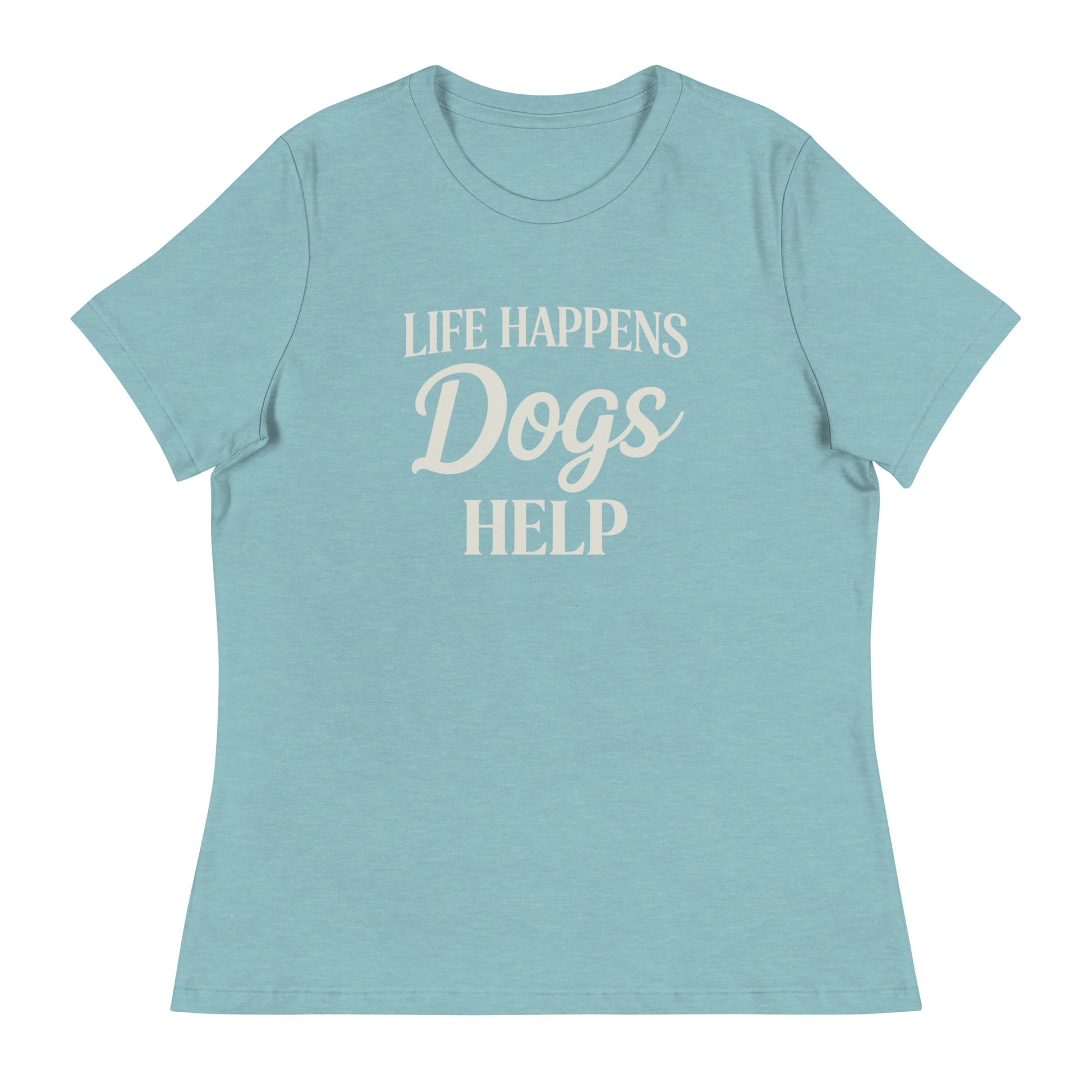Light blue t-shirt with 'Life Happens Dogs Help' text on a white background