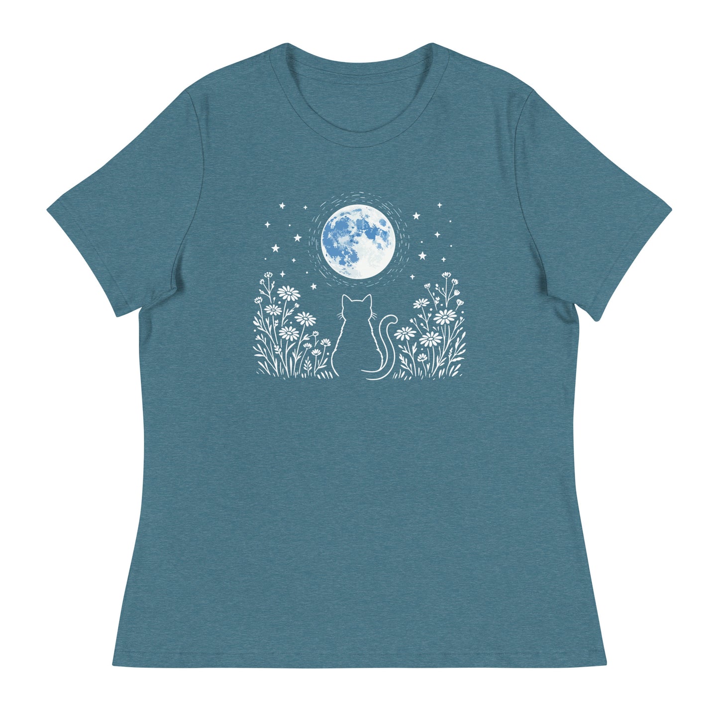 Blue t-shirt with a cat and moon design on a white background