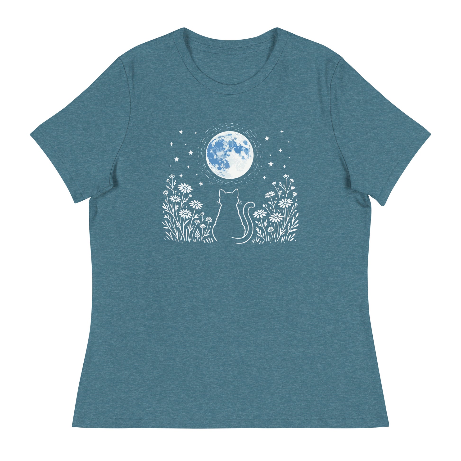 Blue t-shirt with a cat and moon design on a white background