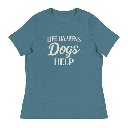 Blue t-shirt with 'Life Happens Dogs Help' text on a white background