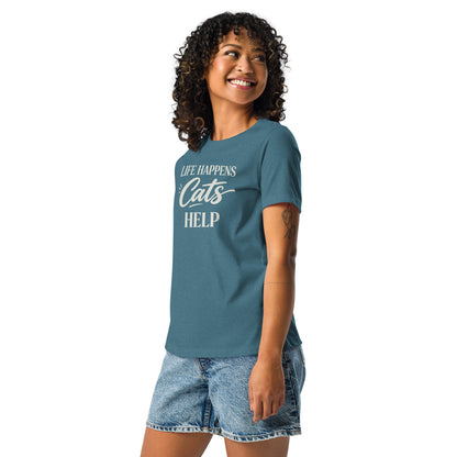 Woman wearing a blue t-shirt with a graphic design on a white background