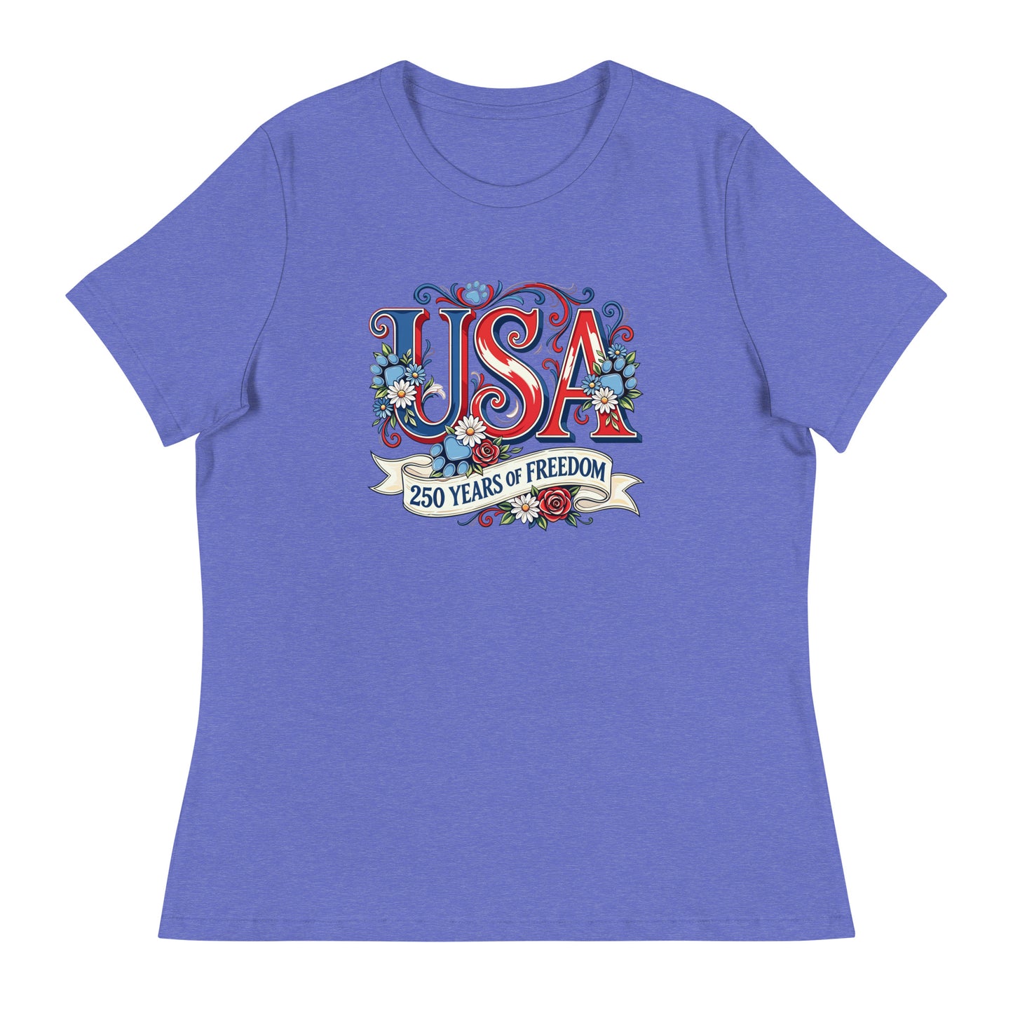 Blue t-shirt with 'USA 250 Years of Freedom' design on a white background