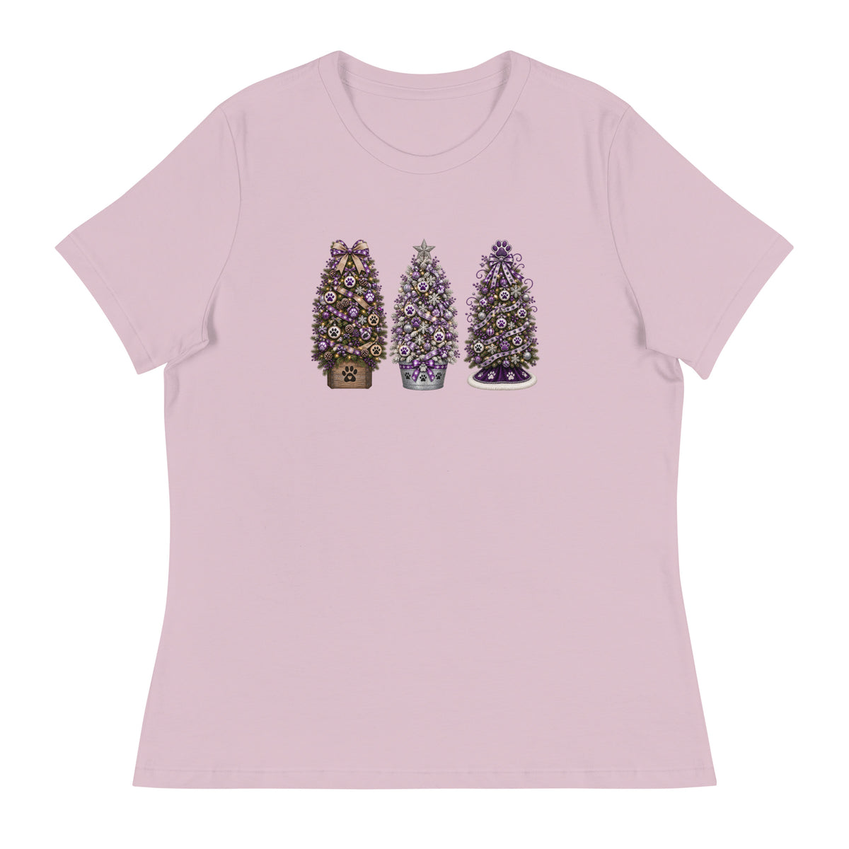 A light pink short-sleeve crewneck t-shirt featuring a graphic print of three decorated Christmas trees in the center, displayed on a clean white background.