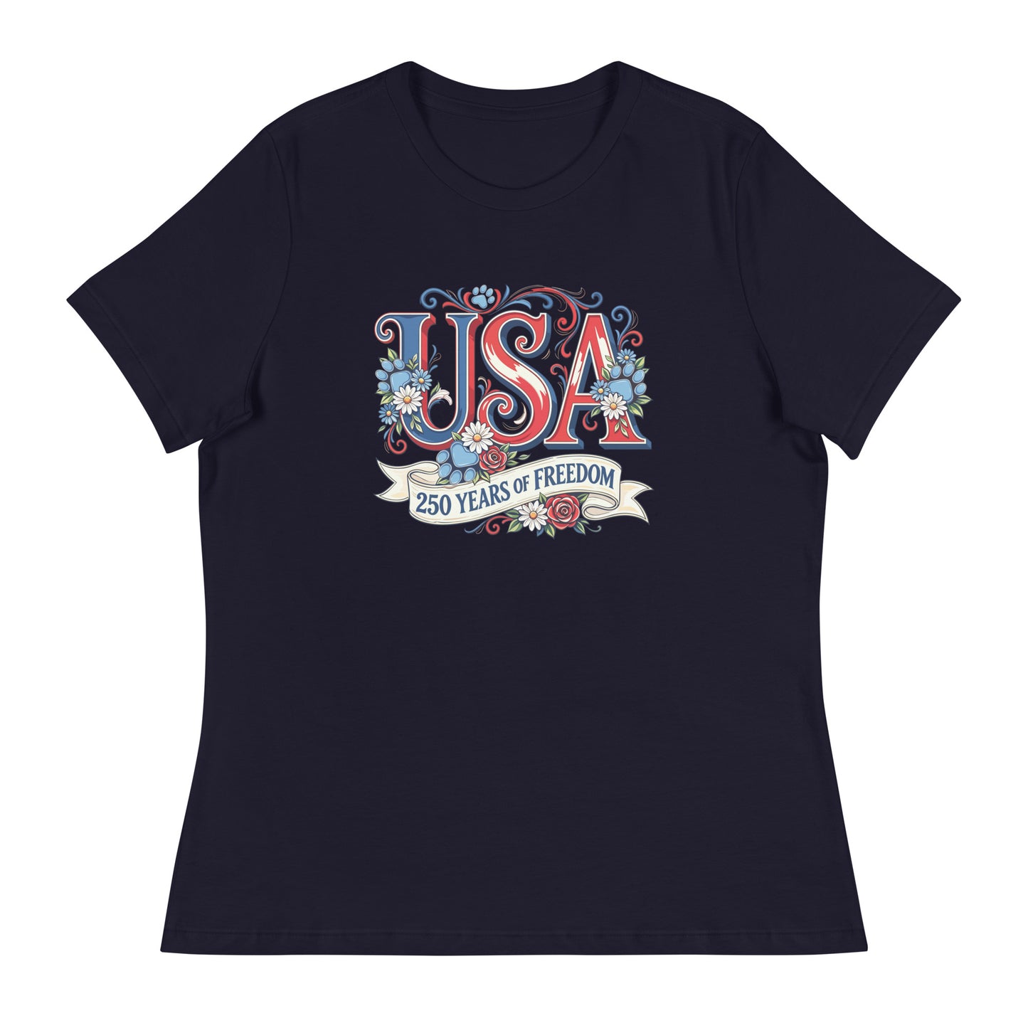Navy blue t-shirt with 'USA 250 Years of Freedom' design on a white background