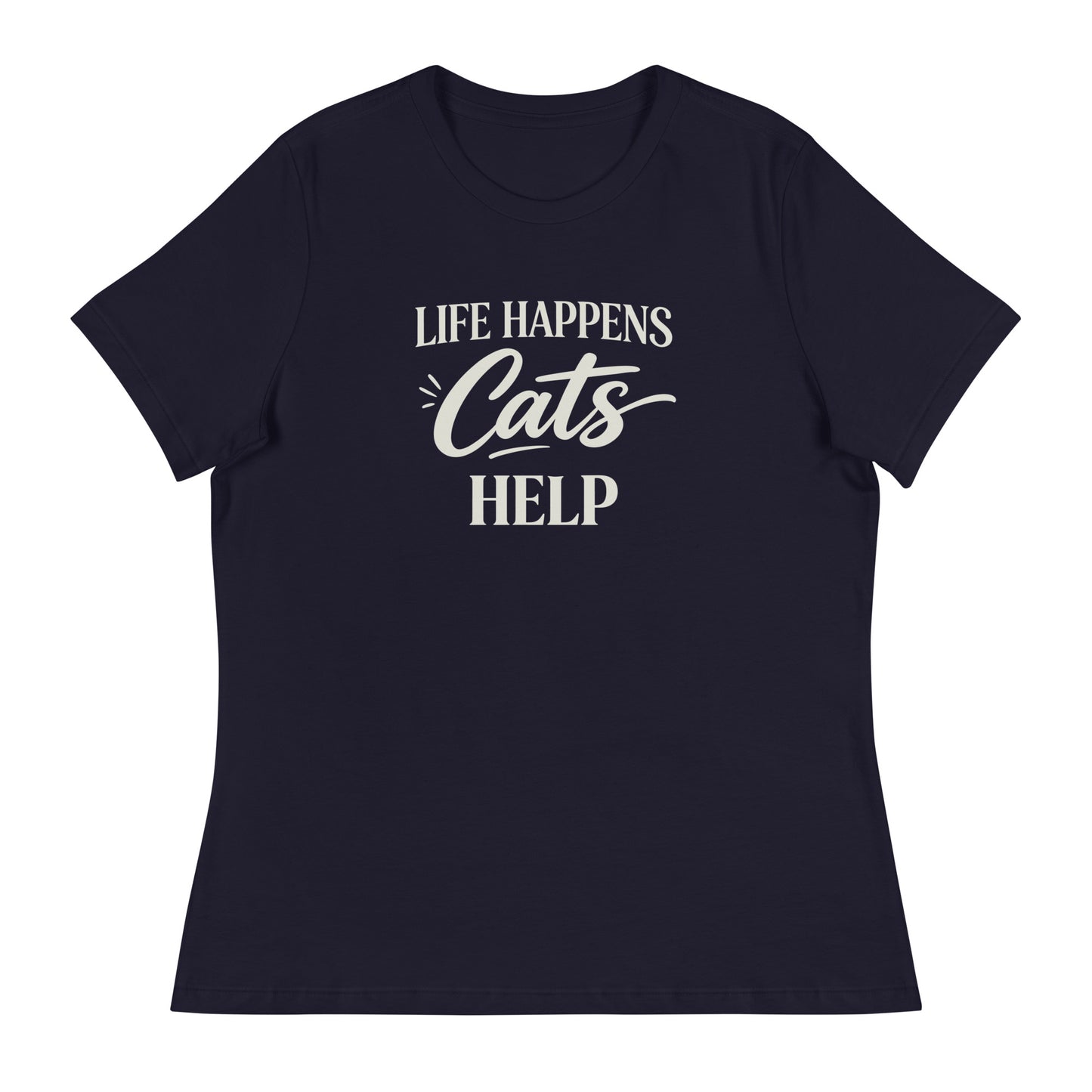 Navy blue t-shirt with 'Life Happens Cats Help' graphic design on a white background