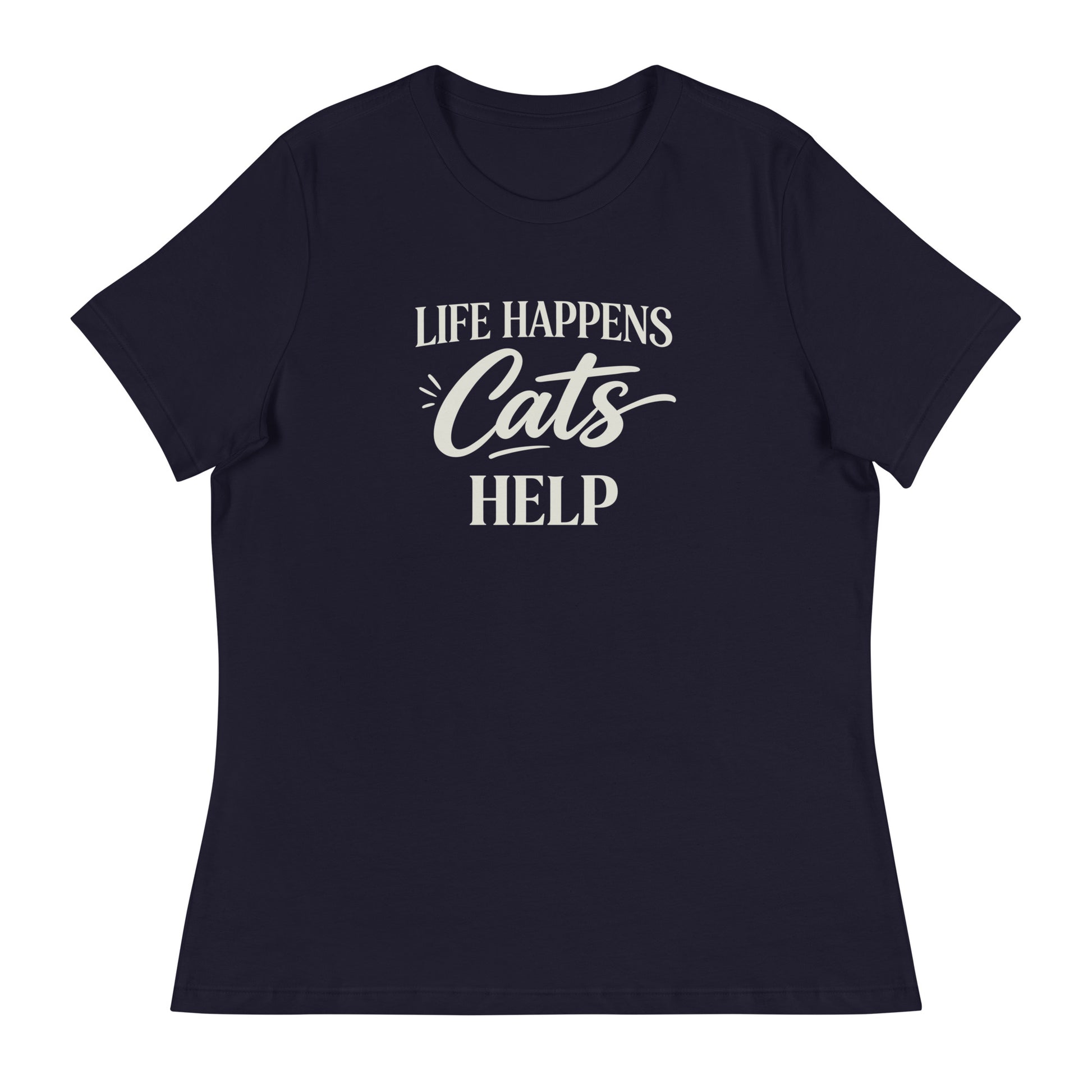 Navy blue t-shirt with 'Life Happens Cats Help' graphic design on a white background