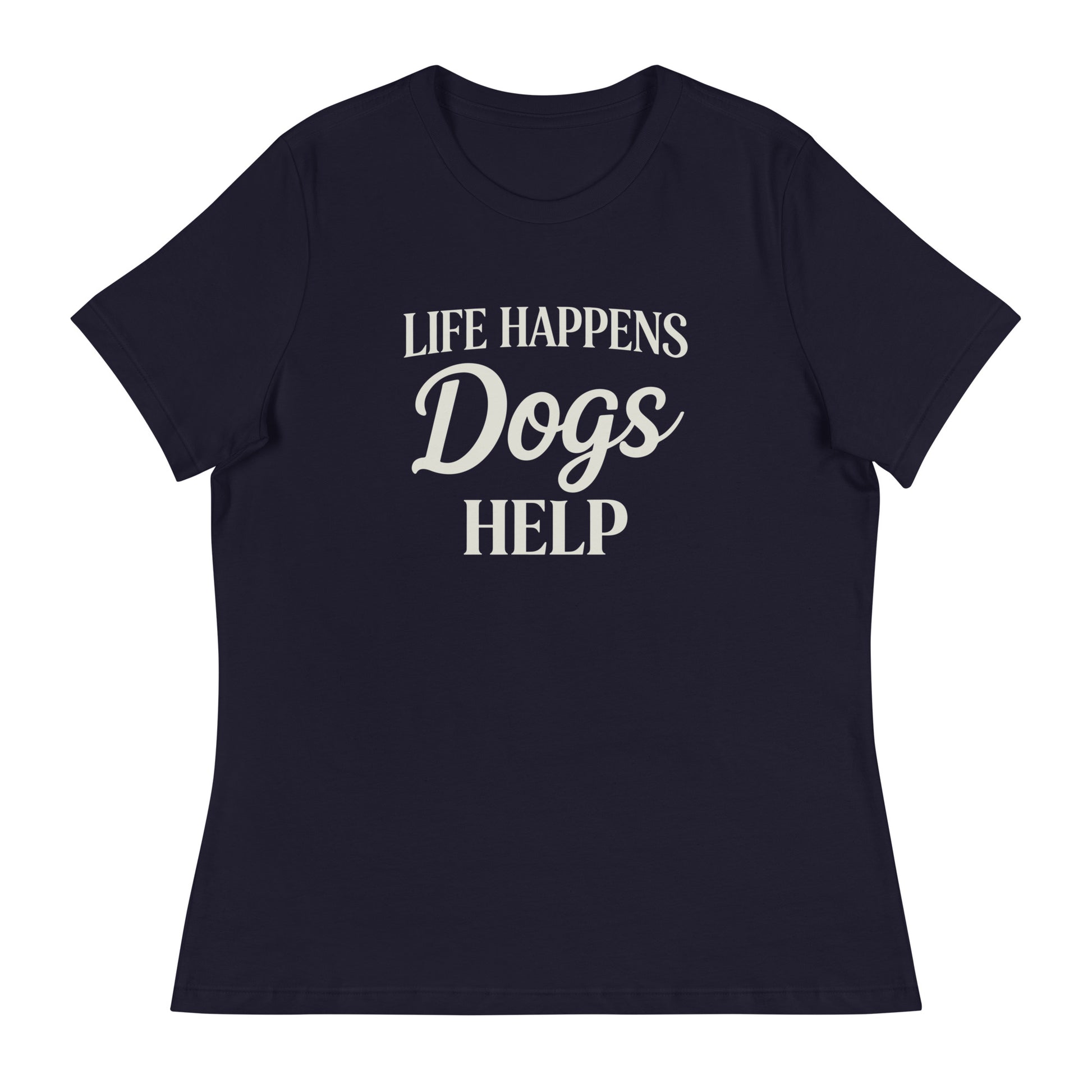 Navy blue t-shirt with 'Life Happens Dogs Help' text on a white background